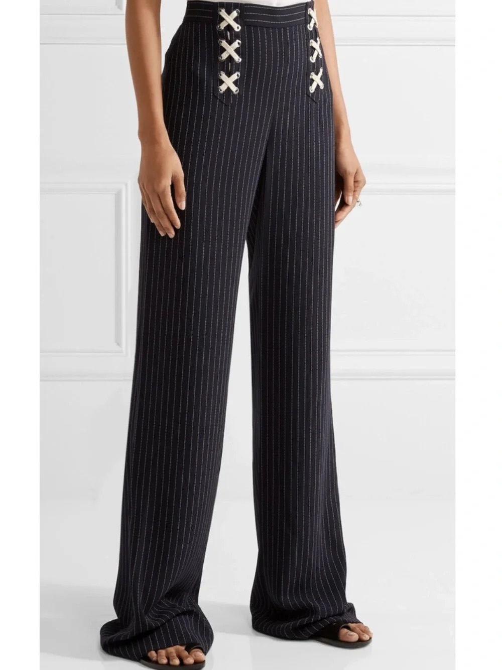 Veronica Beard Quinn Wide Leg Lace Up Pin Stripe Pant Navy size 6